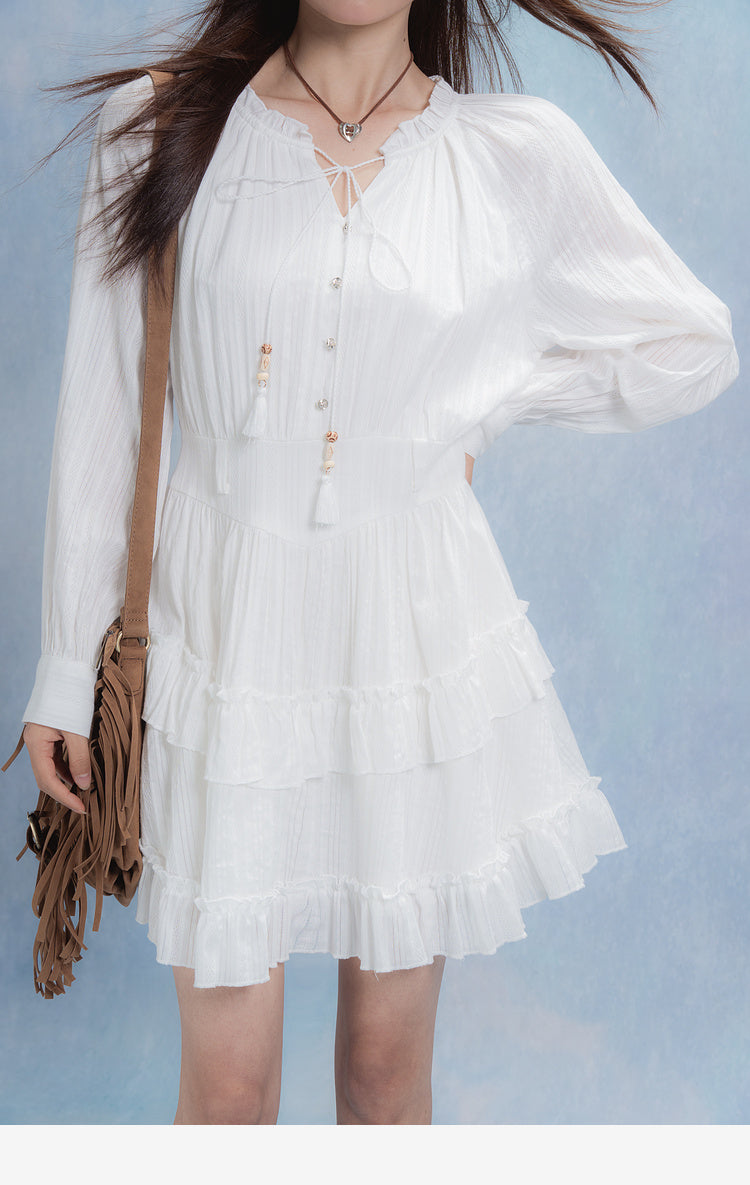 Women's Fashion White Tassel Tied Dress