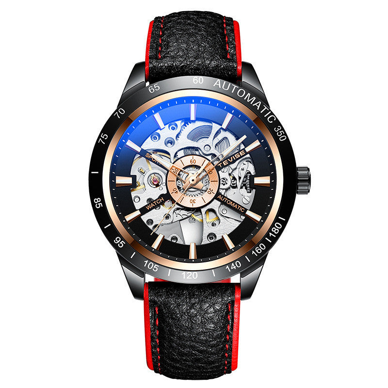 Men's Leather Hollow Mechanical Watch