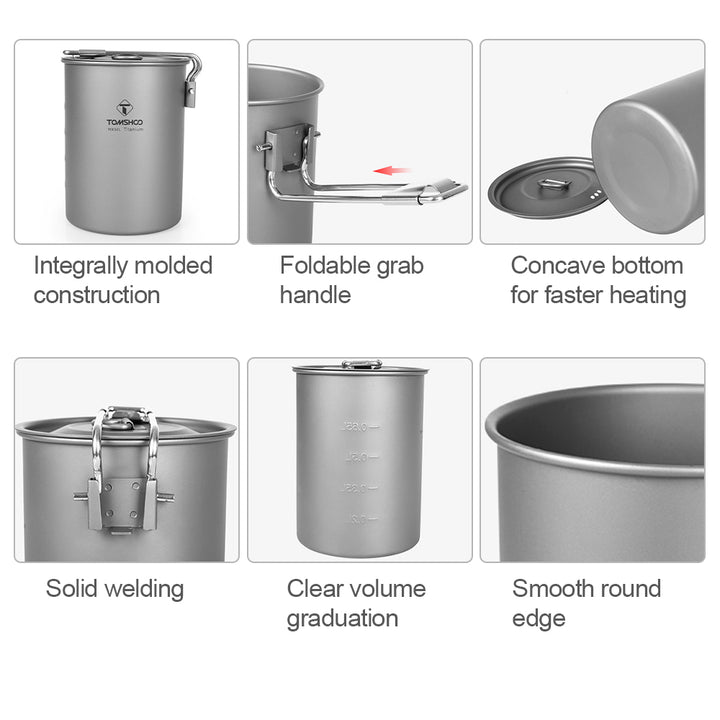 Lightweight Titanium Camping Pot 900ml with Lid and Foldable Handle