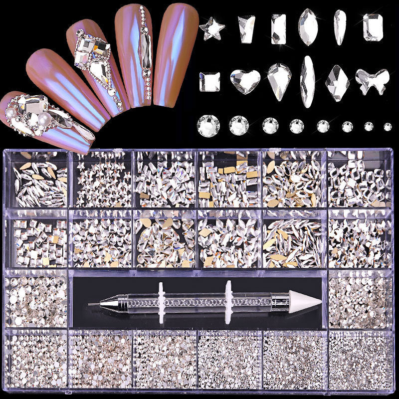 21 Grid Boxed Nail Rhinestone Flat Glass Nail Rhinestone Jewelry Set