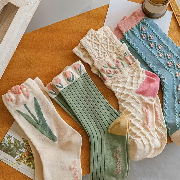 4 Pairs Floral Socks Set - Cute Flower Geometric Ankle Cotton Blend Socks