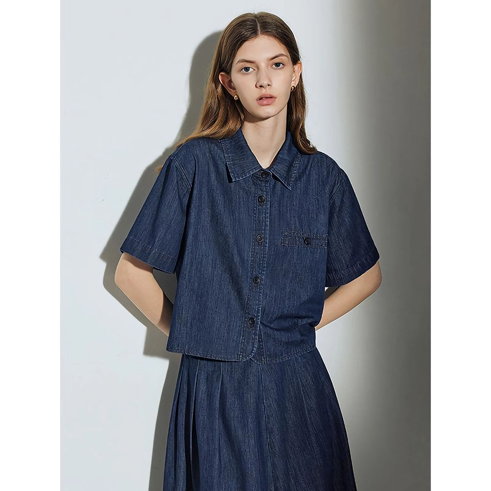 Denim Blouse Shirt - Turn Down Collar Short Sleeve Streetwear Top