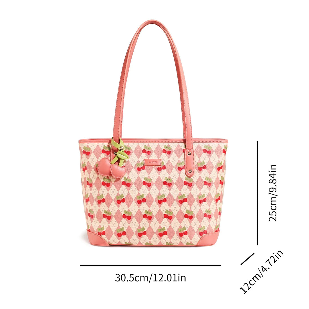 Large Capacity Cherry Print PVC Tote Bag