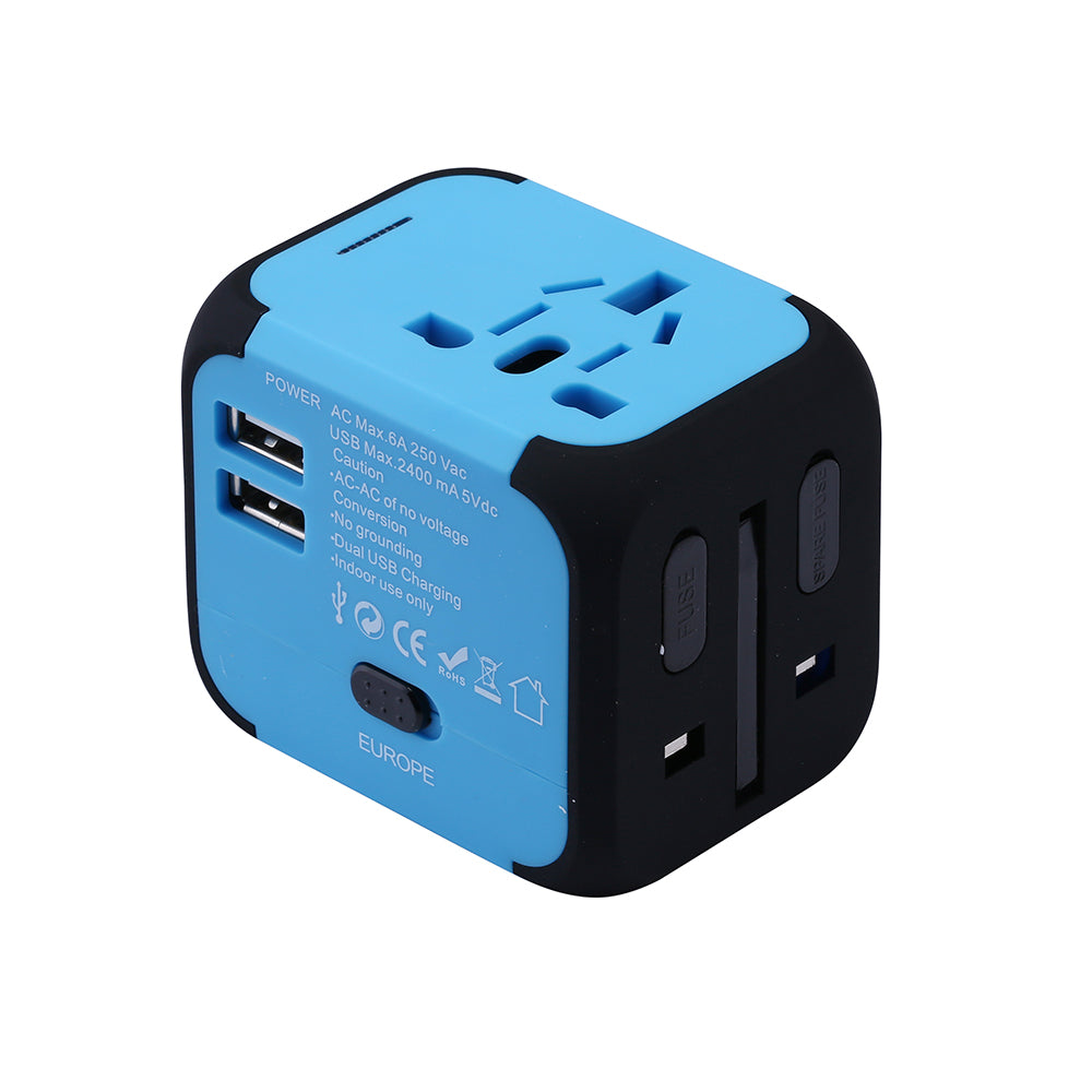 Universal Travel Adapter with Dual USB Charging Ports and LED Indicator