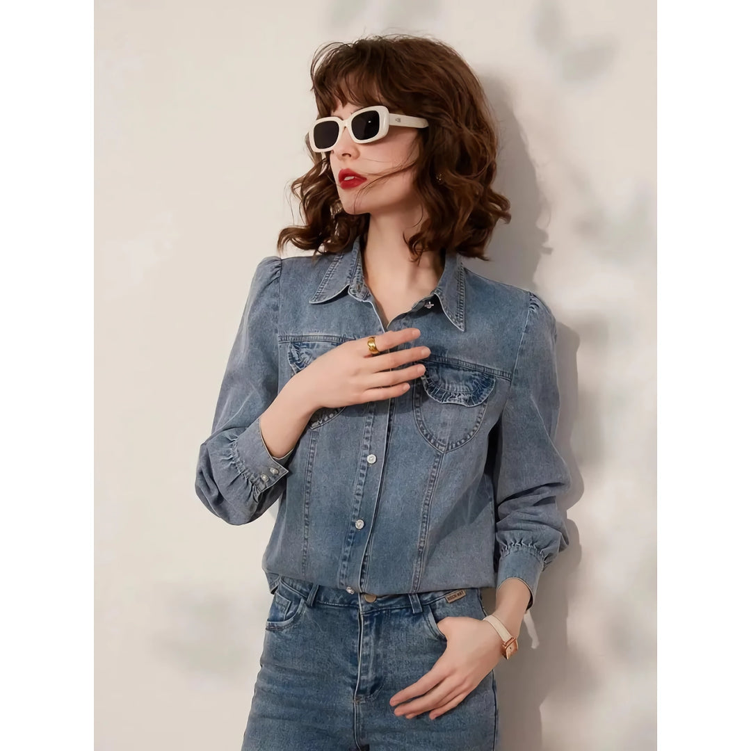 Chic Turn-Down Collar Denim Blouse for Women