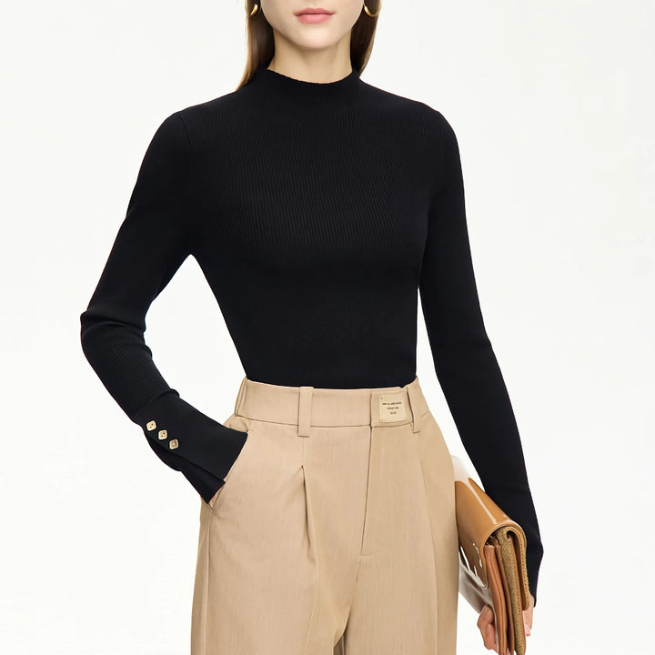 Minimalist Mock Neck Sweater with Slit Cuffs and Metal Buckle for Women