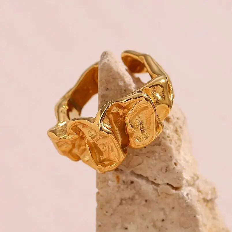 Gold Plated Geometric Irregular Design Tarnish-Free Stainless Steel Ring