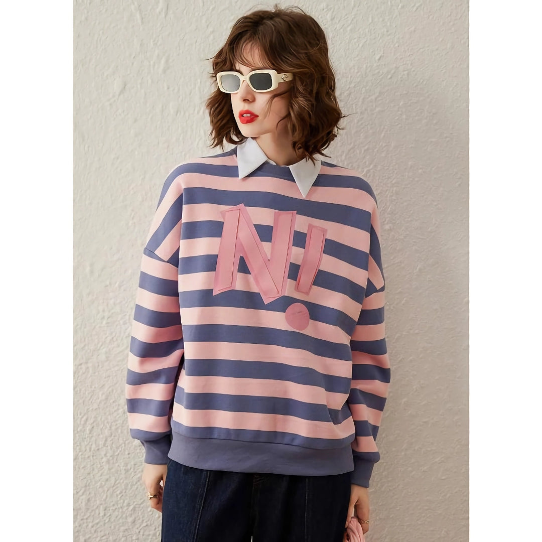 Striped Letter Print Sequin Embroidered Sweatshirt