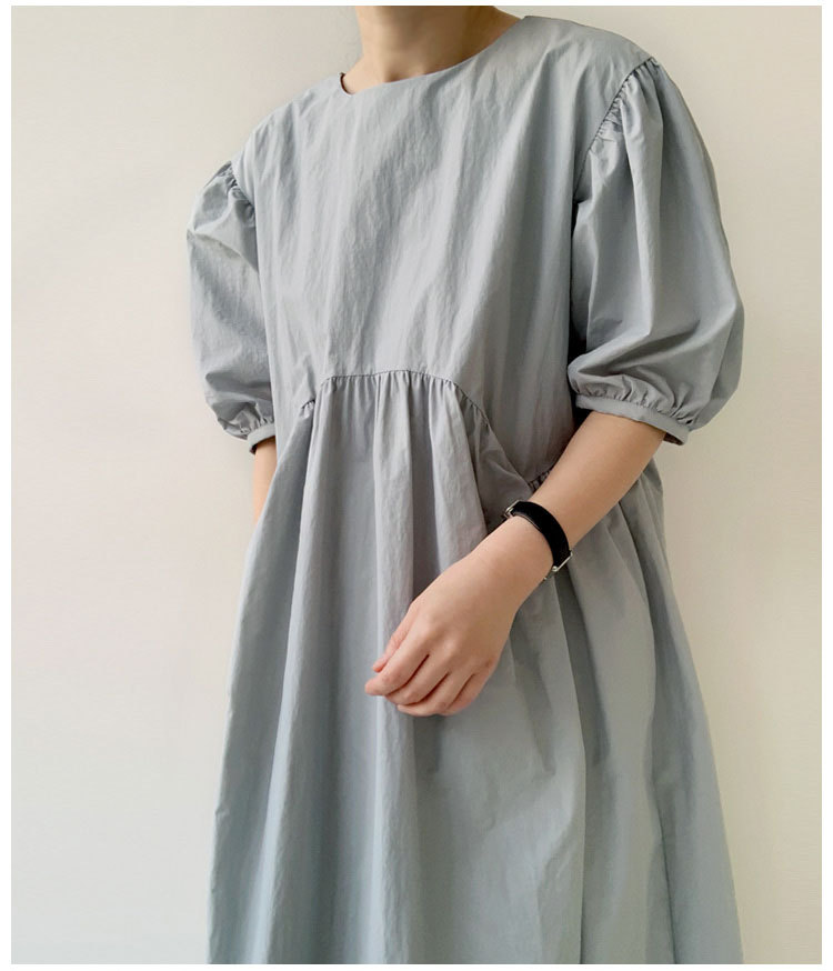 Solid Color Loose Dress with Puff Sleeves and Side Pockets for Women