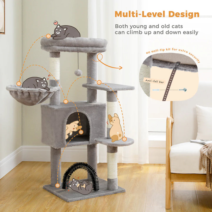 120CM Cat Tree Condo with Self-Grooming Brush, Scratching Post, Perch House, and Hanging Ball Toy