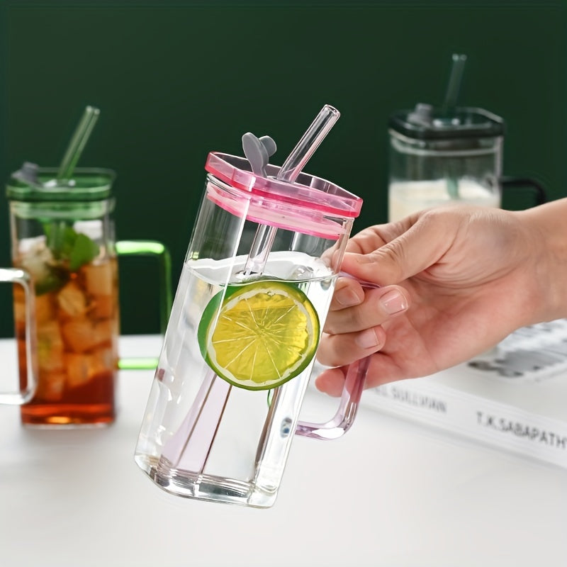 Square Glass Drinkware with Handle and Straw