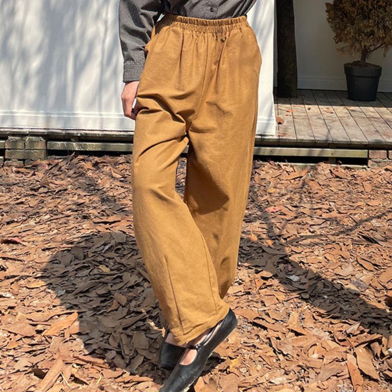 High-Waist Cotton Casual Trousers with Pockets - Loose Fit Autumn Pants