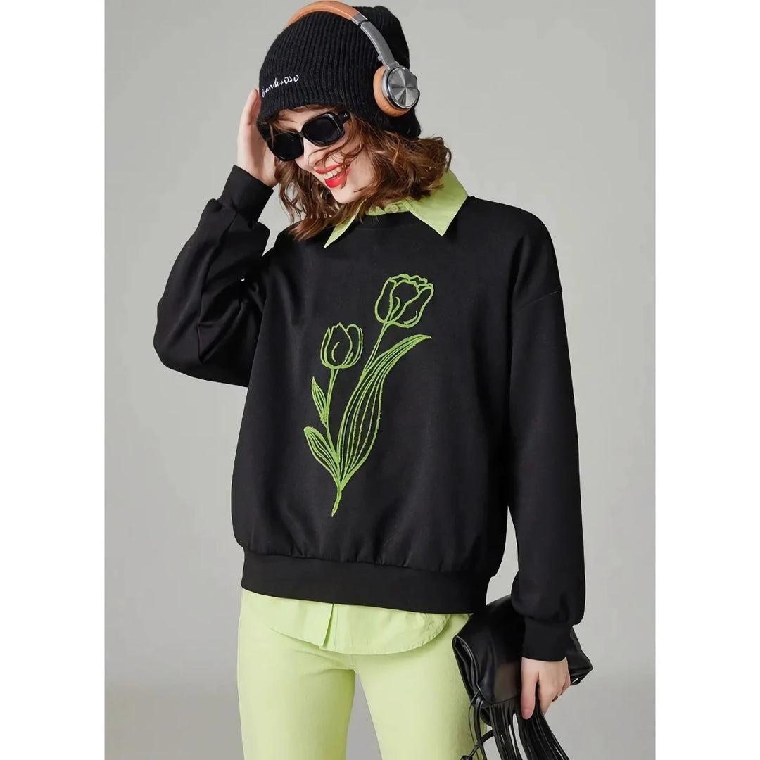 Fashionable Women's Floral Embroidered Loose Fit Pullover Hoodie