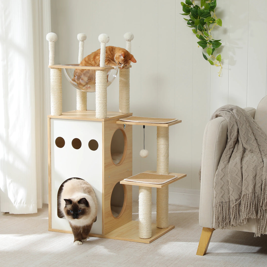 Modern Wooden Cat Tree Tower with 2-Floor Condo, Scratching Posts