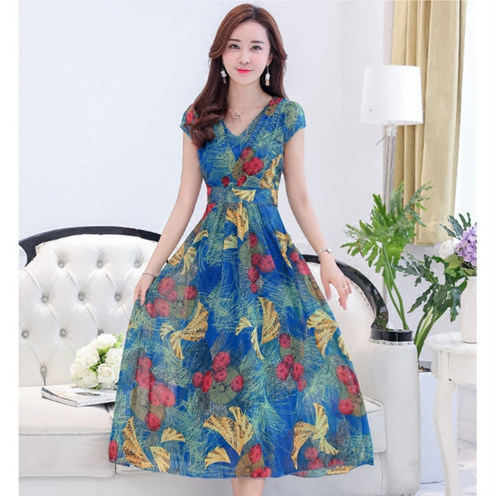 Floor Sweeping Chiffon Printed Dress With Short Sleeves