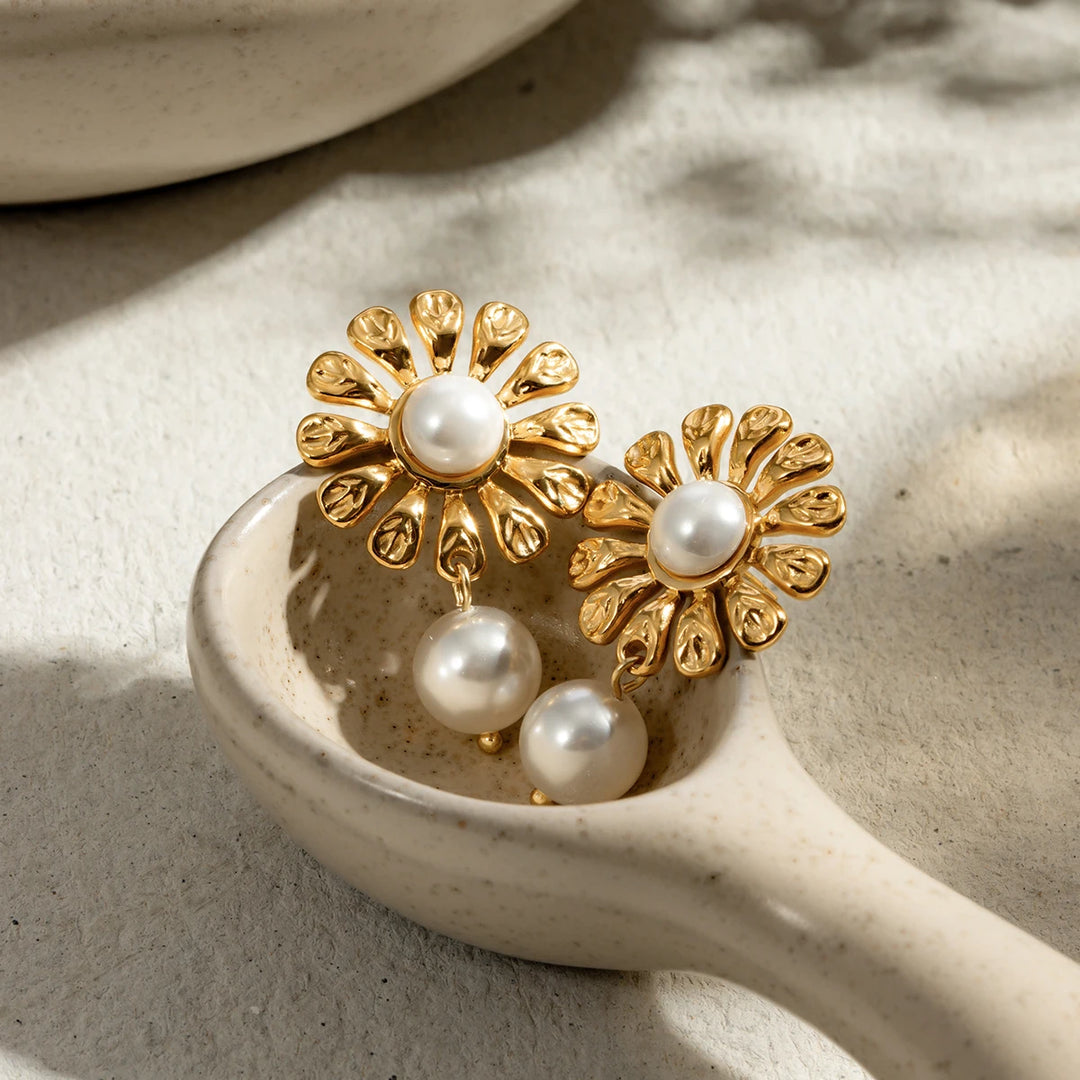 18K Gold Plated Sunflower Pearl Pendant Earrings - Waterproof Stainless Steel Jewelry