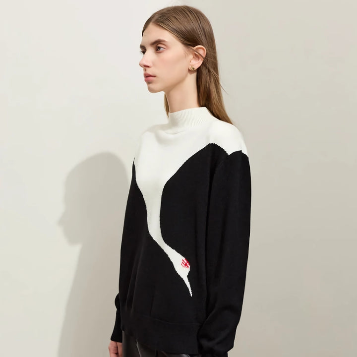 Mock Neck Crane Jacquard Loose Sweater