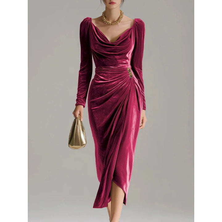 Long Sleeve Pleated Long Slit Velvet Sheath Dress