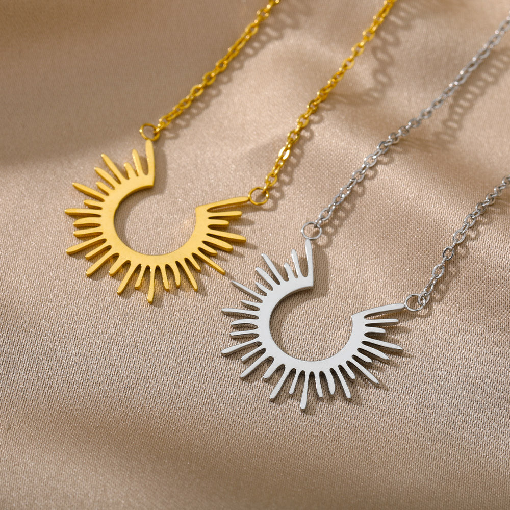 Minimalist Stainless Steel Half Circle Sun Pendant Necklace