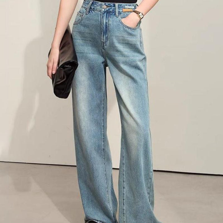 Minimalist Retro Wide-Leg Jeans with Leather Plate Decoration