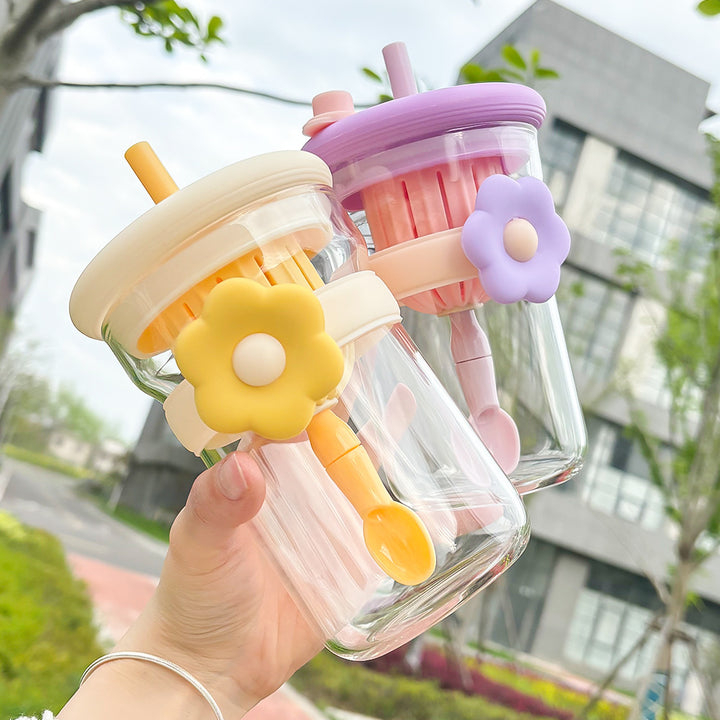 Flower Glass Cup with Lid, Straw, and Infuser