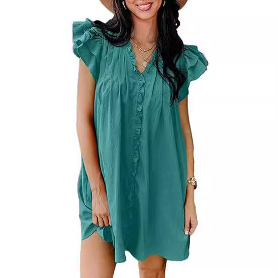 European And American Fashion V-neck Flounce Short Sleeve Dress Women