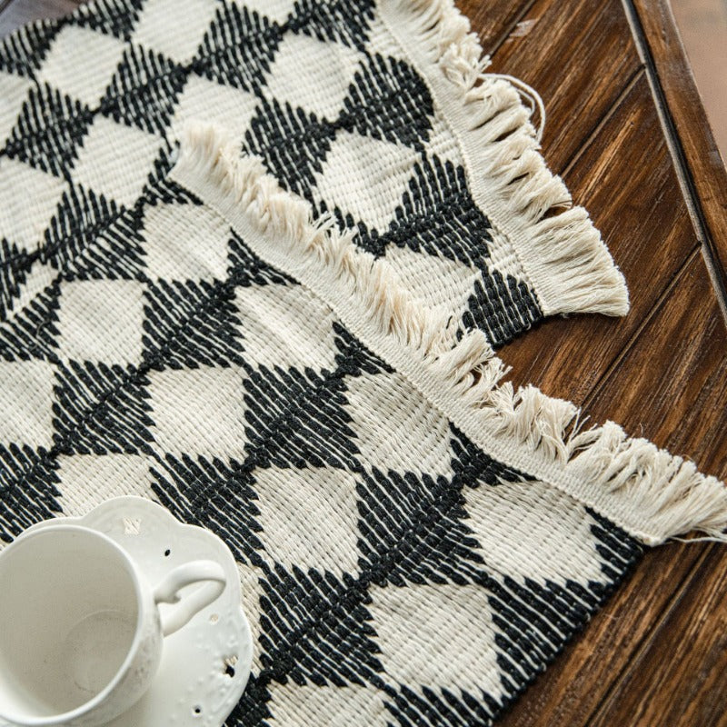 Elegant Black and White Diamond Tassel Table Runner