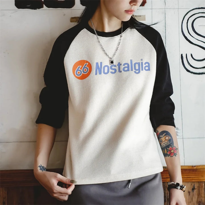 Women's Retro Contrast Raglan Sleeve Long Sleeve Waffle Top