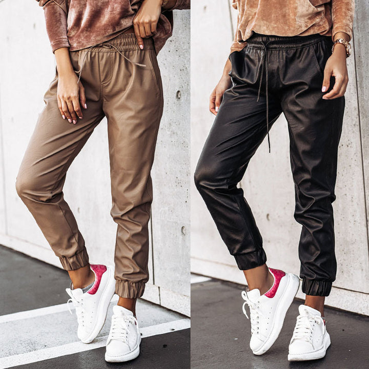 Fashion Casual Small Feet PU Belt Pants