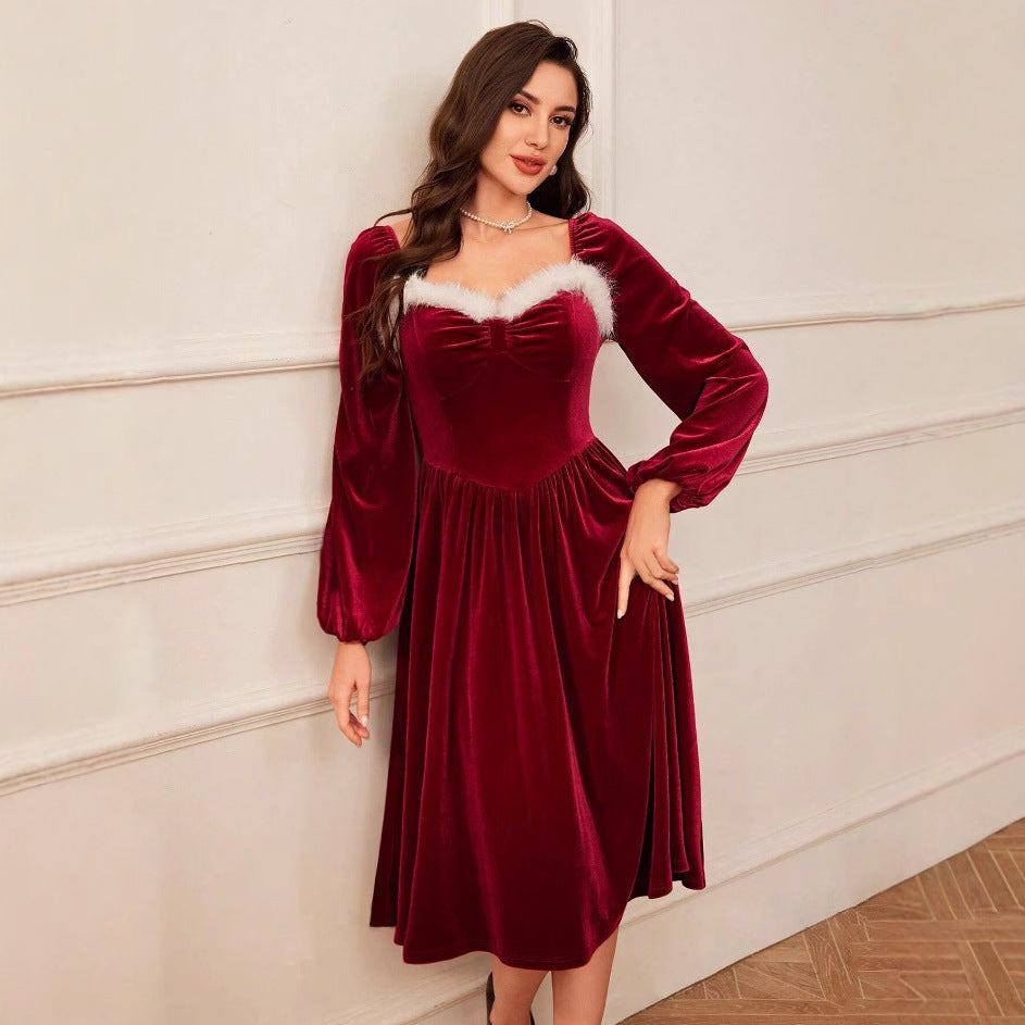 Women's Vintage Christmas Party Long Sleeve Red Dress