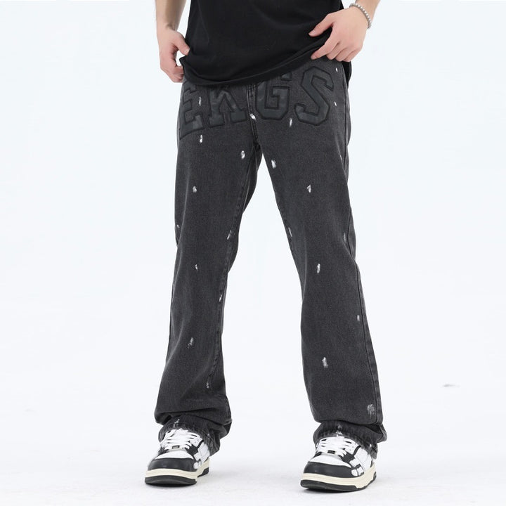 American Retro High Street Loose Straight Mop Leather Splash-ink Jeans