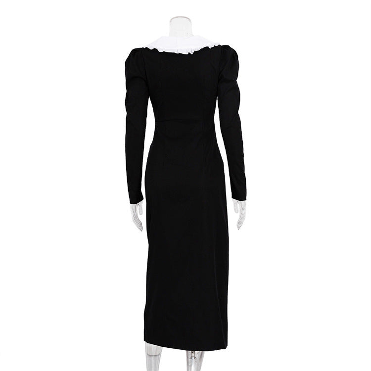 Black And White Contrast Color Split Doll Collar Long Sleeve Dress