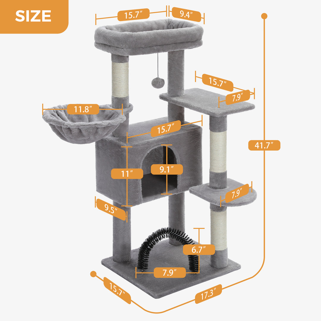 120CM Cat Tree Condo with Self-Grooming Brush, Scratching Post, Perch House, and Hanging Ball Toy