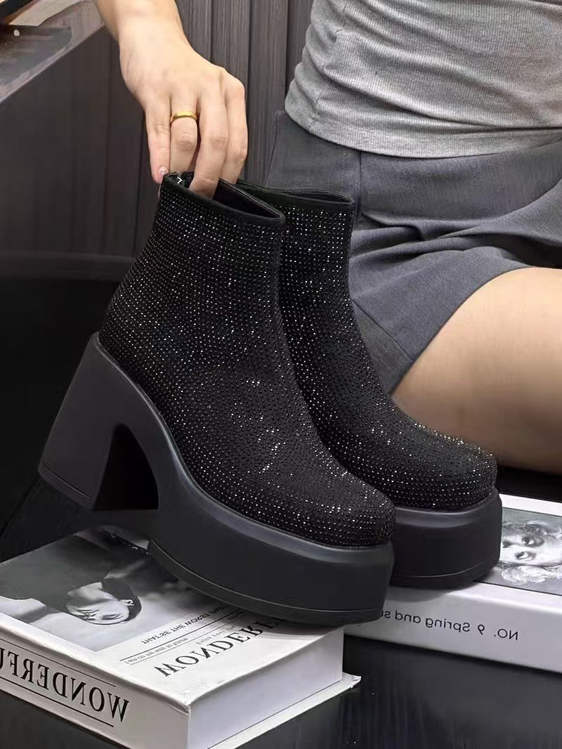 Starry Rhinestone Platform Chunky Heel Booties