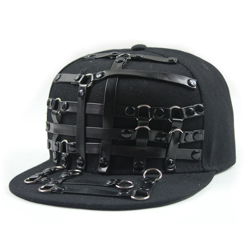 European And American Punk T-shaped Leather X Leather Hip Hop Flat-brimmed Cap Men And Women