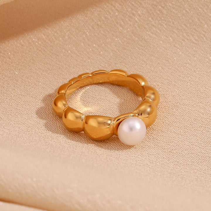 Lace Wave Pearl Ring, 18K Gold Plated, Waterproof Stainless Steel Jewelry