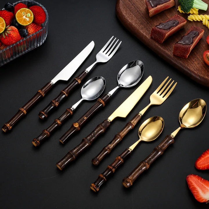 Black Bamboo Dinnerware Set - Upscale Stainless Steel Fork and Spoon Tableware