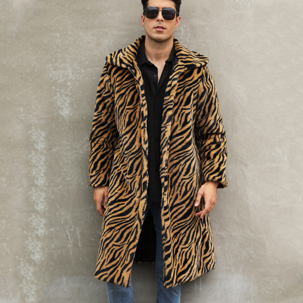 Men's Square Collar Imitation Fur Long Coat Overcoat