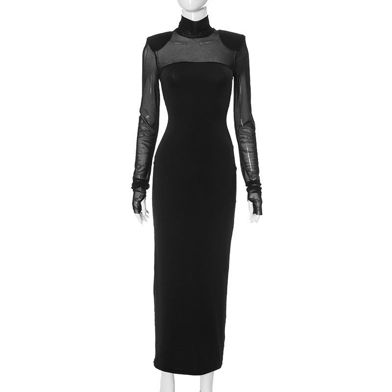 Mesh Stitching Finger Fit Design Long Sleeve Turtleneck Slim-fit Sheath Dress