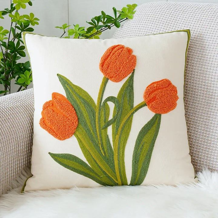 Floral Embroidered Tulip & Orchid Cushion Cover