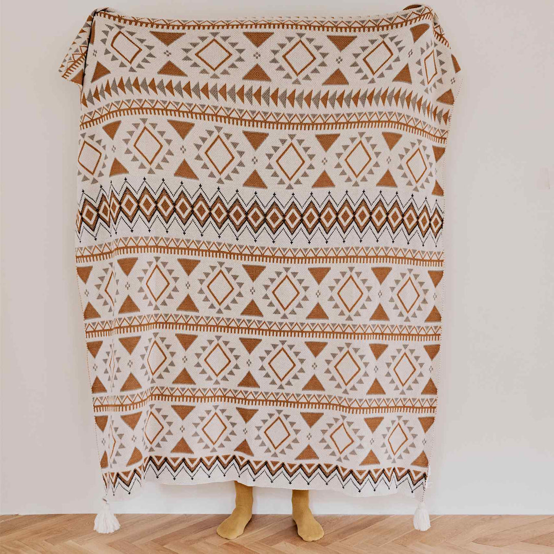 Boho Geometric Pattern Cotton Knitted Blanket – Summer Thin Breathable Comforter