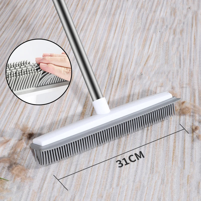 Rubber Broom and Carpet Rake with Squeegee for Pet Hair Removal