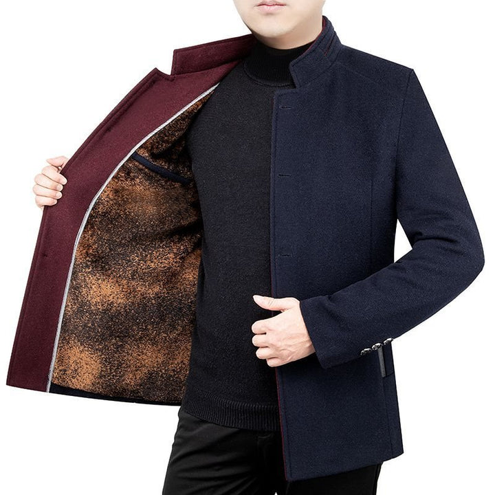 Middle-aged Men's Woolen Coat Velvet Stand Collar Dad Wear Autumn And Winter Fleece Padded