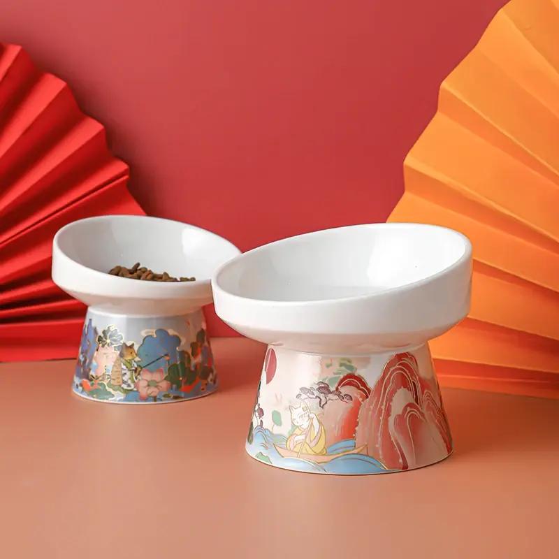 Chinese Style Ceramic Cat Bowl - Elevated Pet Food and Water Feeder