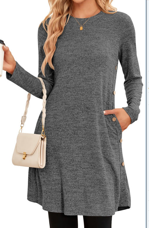 Women's Long Sleeve Low Round Neck Button Side Dress With Pockets