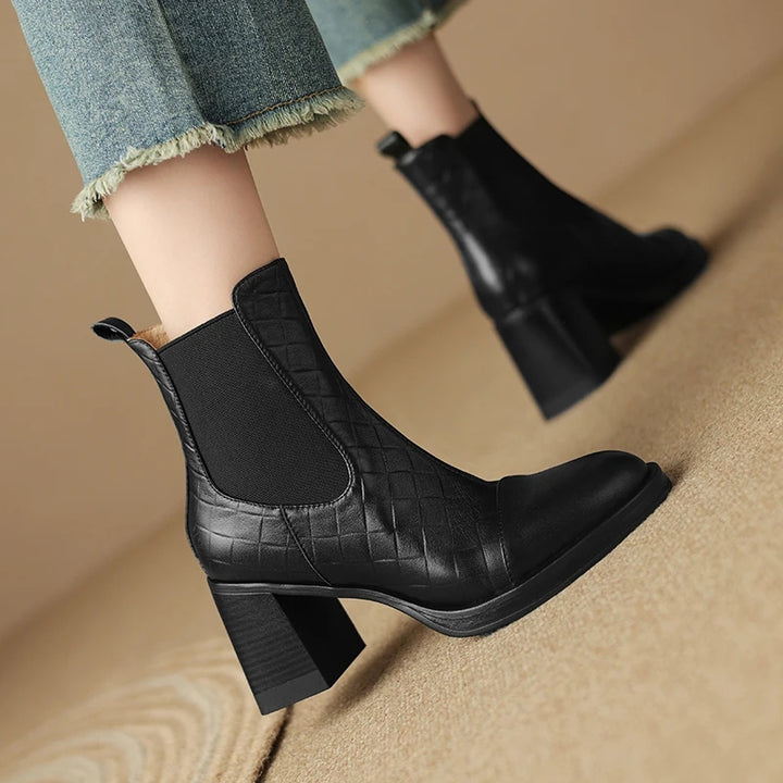 Stylish Women's Genuine Leather Ankle Boots with Chunky Heels