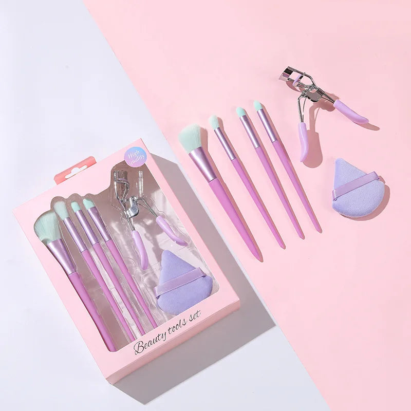 6-Piece Makeup Brush Set with Cosmetic Blender & Eyelash Curler