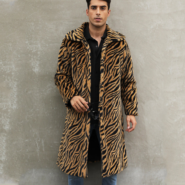 Men's Square Collar Imitation Fur Long Coat Overcoat