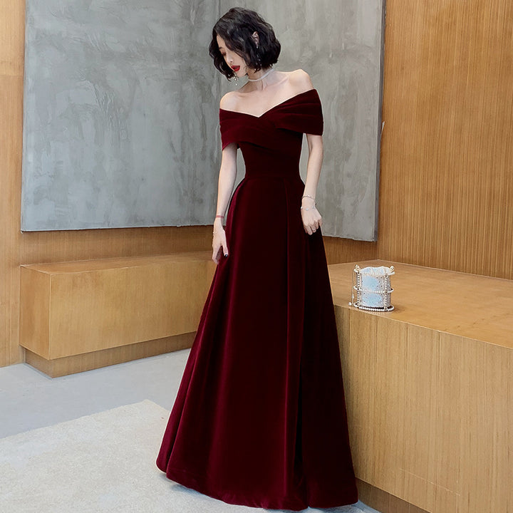 Off-shoulder Toast Bride Wine Red Dress