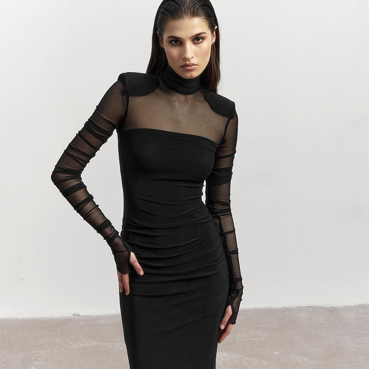 Mesh Stitching Finger Fit Design Long Sleeve Turtleneck Slim-fit Sheath Dress